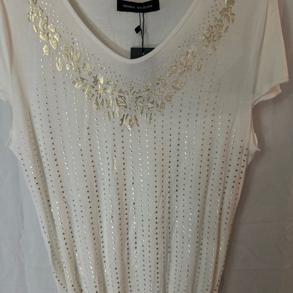 ONARA ON JEANS Blouse Elastic Sinched Gold Embellished Short Sleeve Casual 003